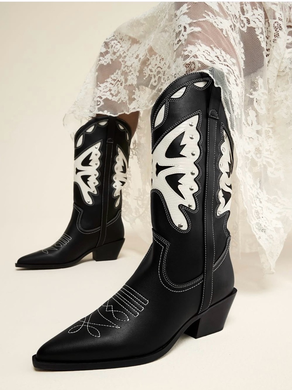 Black Western-Style Embroidered Knee Boot with White Accent